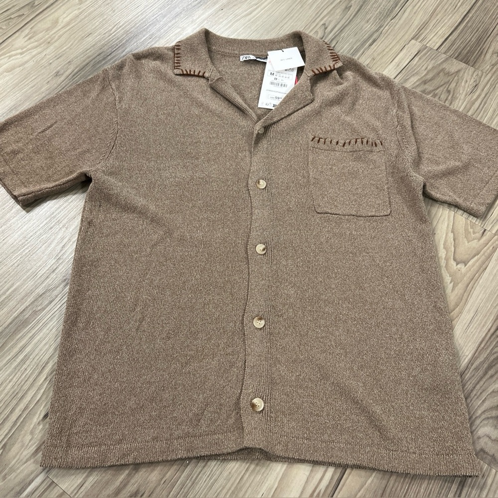 Zara Brown Short Sleeve Casual Button-Down Shirt